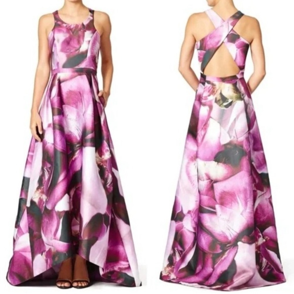Monique Lhuillier Pink Purple Floral A-Line Open-Back Gown